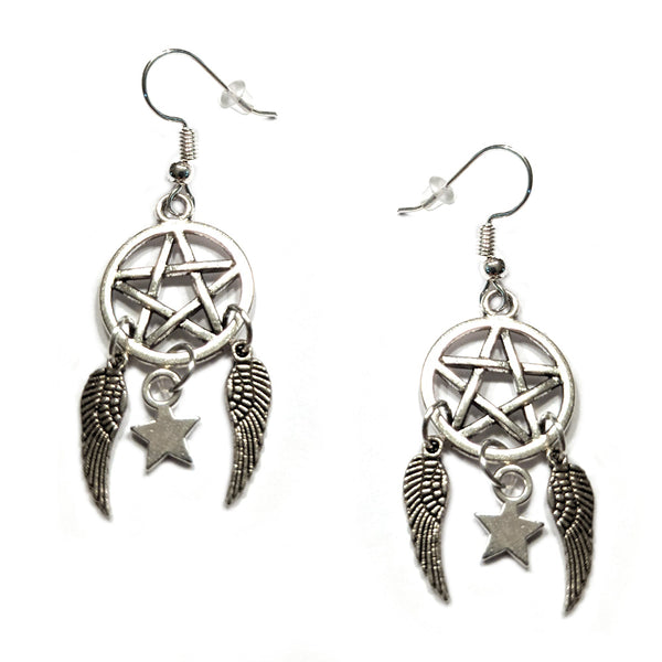 Pentagram with Mini Star and Angel Wings Earrings