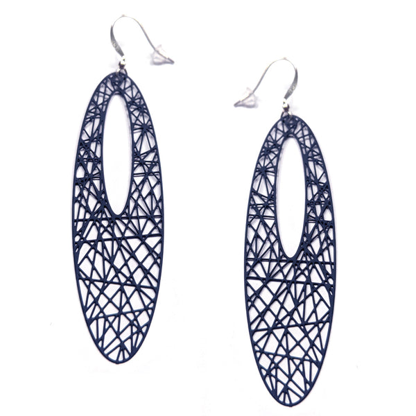 Oval Abstract Lines Navy Blue Earrings