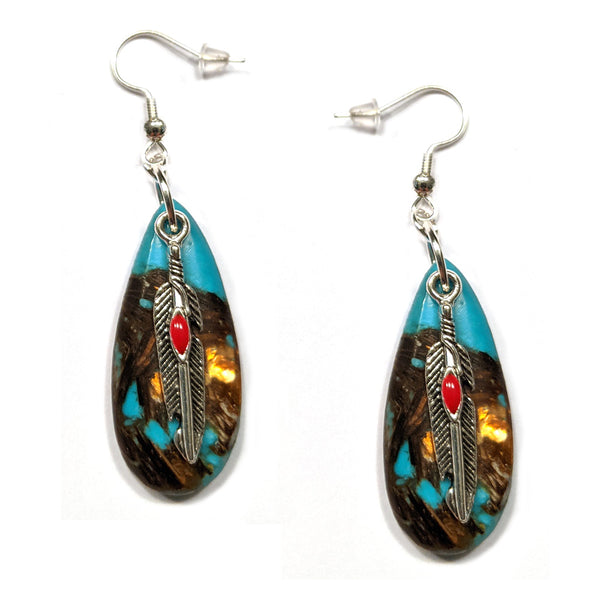 Faux Turquoise Teardrop Feather Earrings