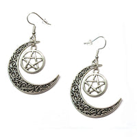 Filigree Crescent Moon with Pentagram Earrings