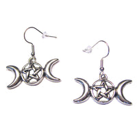 Triple Moon Goddess Pentagram Earrings