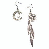 Pentagram with Feathers and Moon Earrings