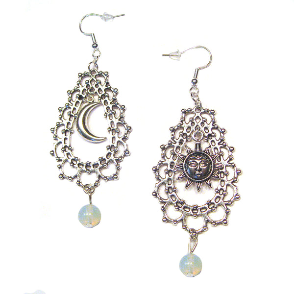 Opalite Sun and Moon Filigree Gothic Earrings