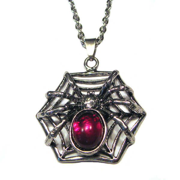 Spider on Web with Ruby Glass Crystal Necklace