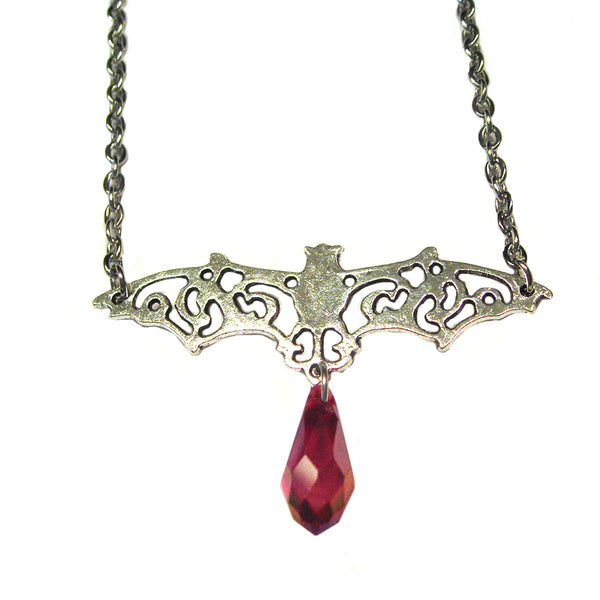 Filigree Bat with Ruby red Blood Drip Glass Crystal Necklace